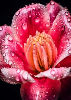 A beautiful pink flower with droplets of water on it. The droplets are small and scattered, giving the flower a delicate and serene appearance