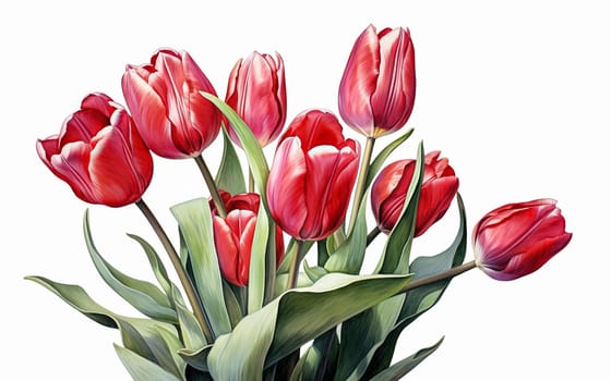A bouquet of red tulips with green leaves. The flowers are arranged in a row, with some of them overlapping each other. Scene is one of beauty and elegance