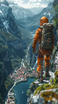Wilderness climber scene created in a 3D digital art style, with hyper-realistic textures and lighting.