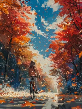 Bicycle ride through falling leaves captured in an anime-style, emphasizing motion and playful scenery.