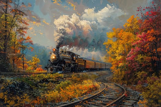 Vintage train puffing through a scenic landscape, painted in an impressionist style with a touch of romance.