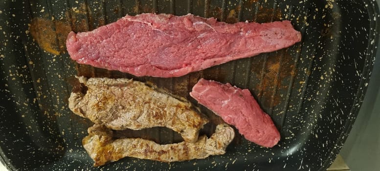 Raw, mid-cooked, and well-done steak side by side for comparison
