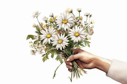 A hand holding a bouquet of white flowers. The flowers are daisies and the hand is wearing a bracelet. Concept of warmth and affection, as the person is holding the flowers for someone special