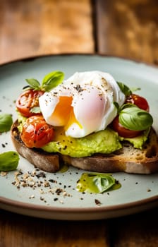 poached egg sits perfectly atop avocado spread on a slice of crisp toast, garnished with cherry tomatoes, fresh basil leaves, and spices, drizzled with olive oil - Generative AI