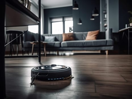wireless vacuum cleaner cleaning a floor in a living room