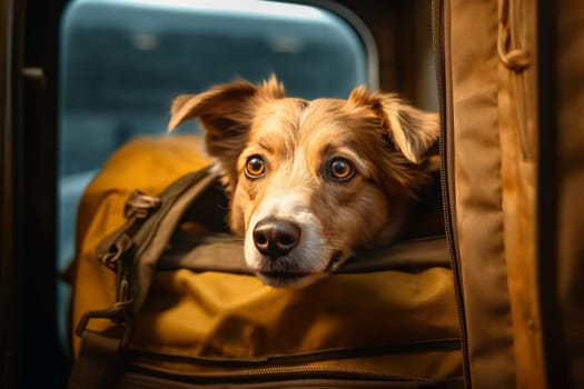 A brown and white dog with soulful eyes peeking out from a yellow travel bag, capturing a moment of travel or adventure with a pet