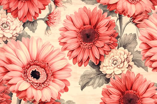 A floral pattern with pink and white flowers. The flowers are arranged in a way that creates a sense of movement and depth. Scene is one of beauty and serenity