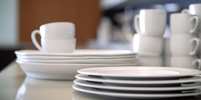 Clean white plates and cups in a kitchen of cafe
