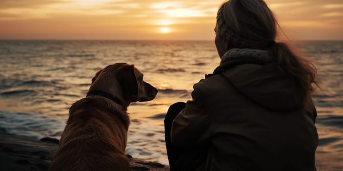 girl and stray dog looking at sunset, back view, generative AI