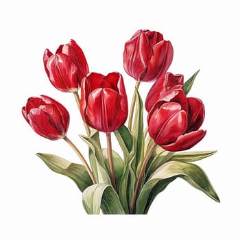 A bouquet of red tulips with green leaves. The flowers are arranged in a row, with some of them overlapping each other. Scene is one of beauty and elegance