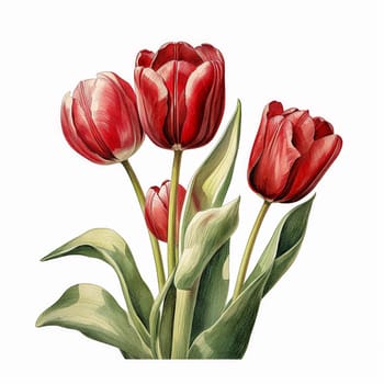 A bouquet of red tulips with green leaves. The flowers are arranged in a row, with some of them overlapping each other. Scene is one of beauty and elegance