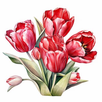 A bouquet of red tulips with green leaves. The flowers are arranged in a row, with some of them overlapping each other. Scene is one of beauty and elegance