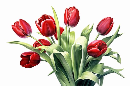 A bouquet of red tulips with green leaves. The flowers are arranged in a row, with some of them overlapping each other. Scene is one of beauty and elegance