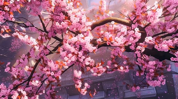 A pink tree branch with pink flowers. The flowers are small and are scattered all over the branch. The image has a serene and peaceful mood, as the pink flowers are delicate