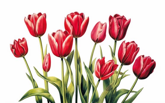 A bouquet of red tulips with green leaves. The flowers are arranged in a row, with some of them overlapping each other. Scene is one of beauty and elegance