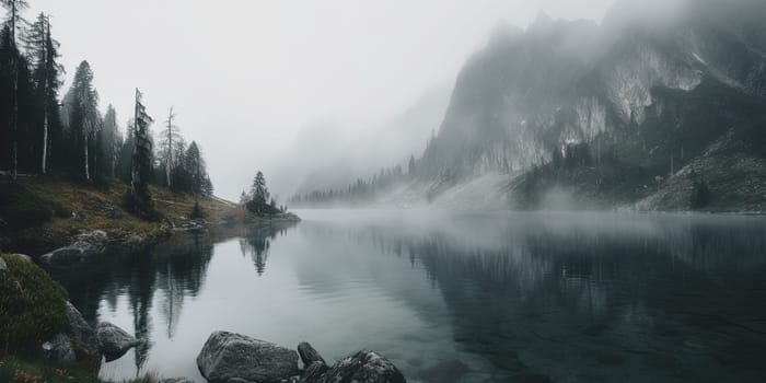 amazing foggy View on a mountain lake , generative AI