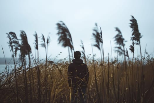 A lone photographer stands amidst tall windswept grasses, capturing the wild beauty of a gray, moody landscape.