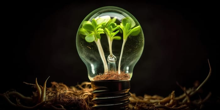 Electric Bulb With Growing Green Plant Inside, Concept Of Ecologic Life Of Planet