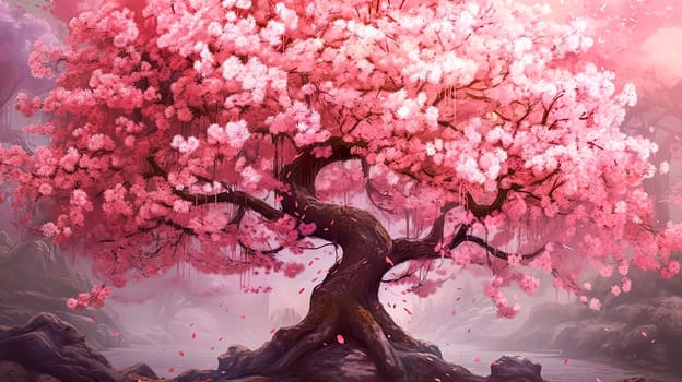 A pink tree branch with pink flowers. The flowers are small and are scattered all over the branch. The image has a serene and peaceful mood, as the pink flowers are delicate