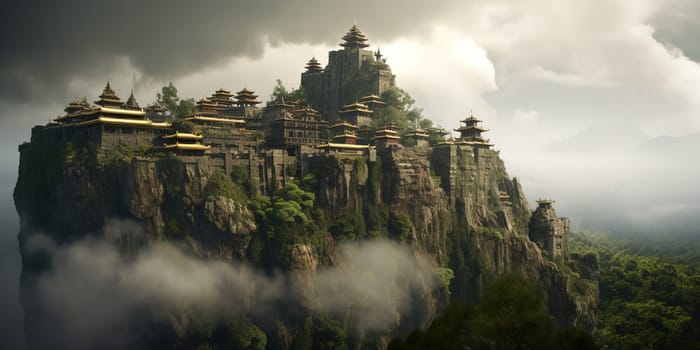 Stone City In Eastern Ancient Style Sits Atop Mountain