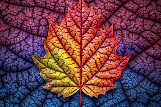 A leaf with a rainbow of colors is on a pink background. The colors of the leaf are red, orange, yellow, and green