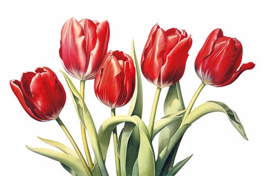 A bouquet of red tulips with green leaves. The flowers are arranged in a row, with some of them overlapping each other. Scene is one of beauty and elegance