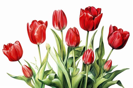 A bouquet of red tulips with green leaves. The flowers are arranged in a row, with some of them overlapping each other. Scene is one of beauty and elegance