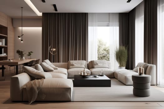 A contemporary living room interior featuring a neutral color palette with beige sofas, wooden elements, abstract wall art, and diffused natural light