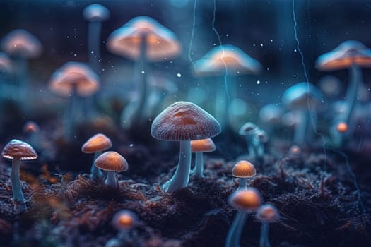 Neon illustration of magic mushrooms under the rain glowing at night in an enchanting forest