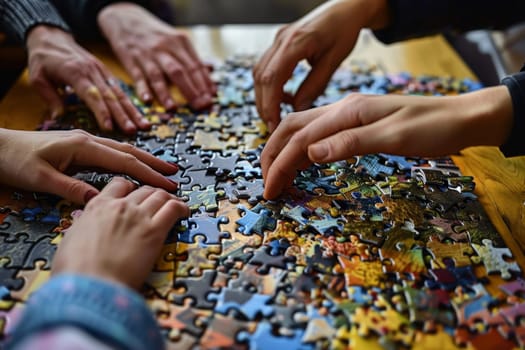 A dynamic scene of multiple hands engaging in the communal activity of piecing together a colorful jigsaw puzzle, highlighting cooperation and shared focus