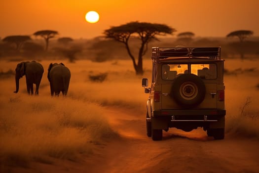 African Safari Features Off-Road Vehicle With Travelers Chasing Elephants In Savannah At Sunset