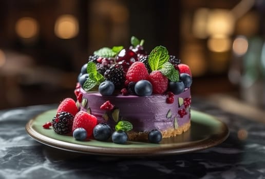 Close-up shot of a small cake with assorted berries on a plate on the table with a blurred background