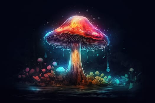 Neon illustration of big magic mushroom with water dripping down glowing at night in mystical forest