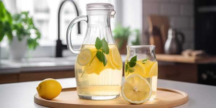 Glass jugs with fresh cold lemonade with lemons ans mints on a kitchen table