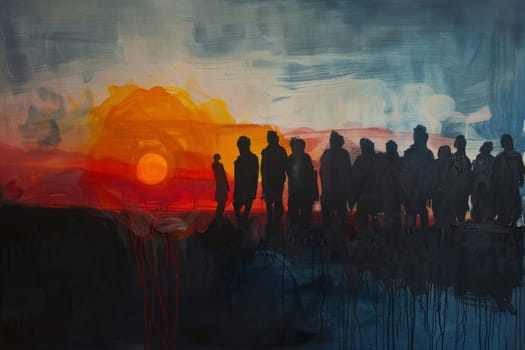 An abstract expressionist painting capturing the stark silhouettes of figures against a vibrant sunrise with dripping paint details enhancing the dramatic effect