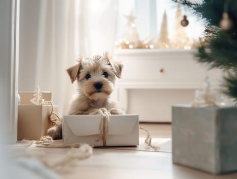 Puppy Sits Near Christmas Tree With Gifts In Room