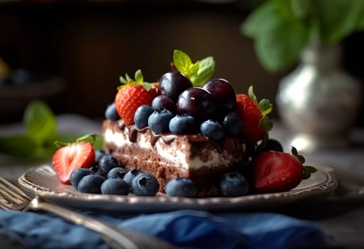 Close-up view of a slice of cake with assorted berries on a plate, ready to eat, on the table with a blurred background