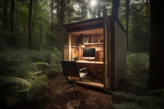 A tranquil outdoor office space nestled among towering trees, with dappled sunlight filtering through the leaves onto a modern desk setup, invoking a peaceful work environment in nature