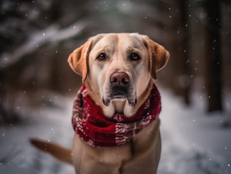 Cute Dog Sits In Winter Forest, Lovely Labrador In Scarf Sitting In Winter Woods