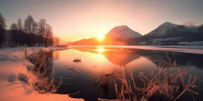 winter morning View on the lake at sunrise with the mountain peaks at far, generative AI