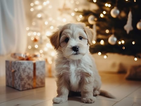 Puppy Sits Near Christmas Tree With Gifts In Room