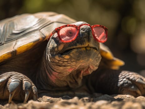 Funny Big Turtle In Cool Pink Glasses In Close-Up