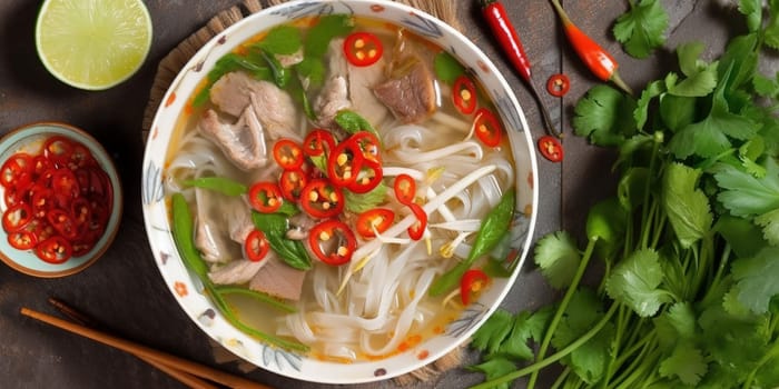 Vietnamese traditional phobo soup top view