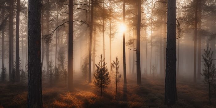 trees in the forest in the Mist at sunset , generative AI