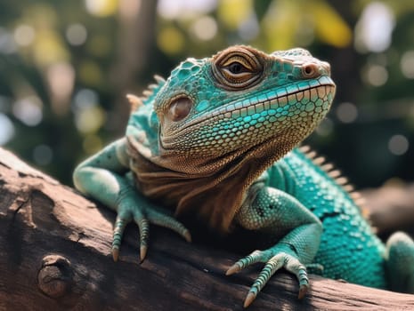 Beautiful Green Iguana On Tree In Close-Up