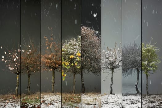 A composite image showing the beautiful transition of a solitary tree through spring, summer, fall, and winter.
