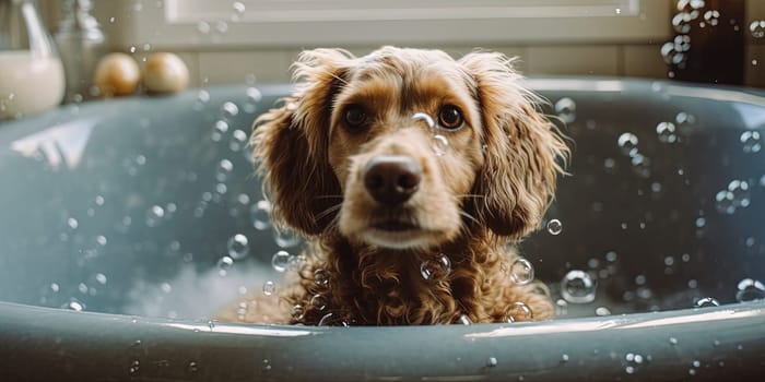 Dog finds swimming in bath water funny, with bubbles bathing him.