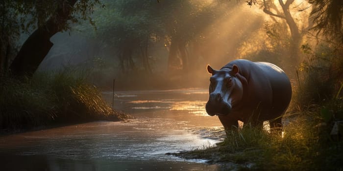 Big Hippo In The Jungle River In The Evening At Sunset