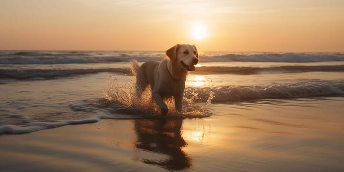 Labrador dog swimming in ocean water during sunset.
