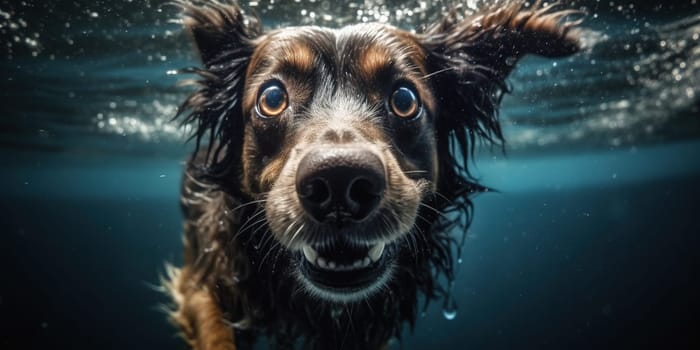 Underwater closeup reveals dog, muzzle covered in bubbles, swimming through inviting water.
